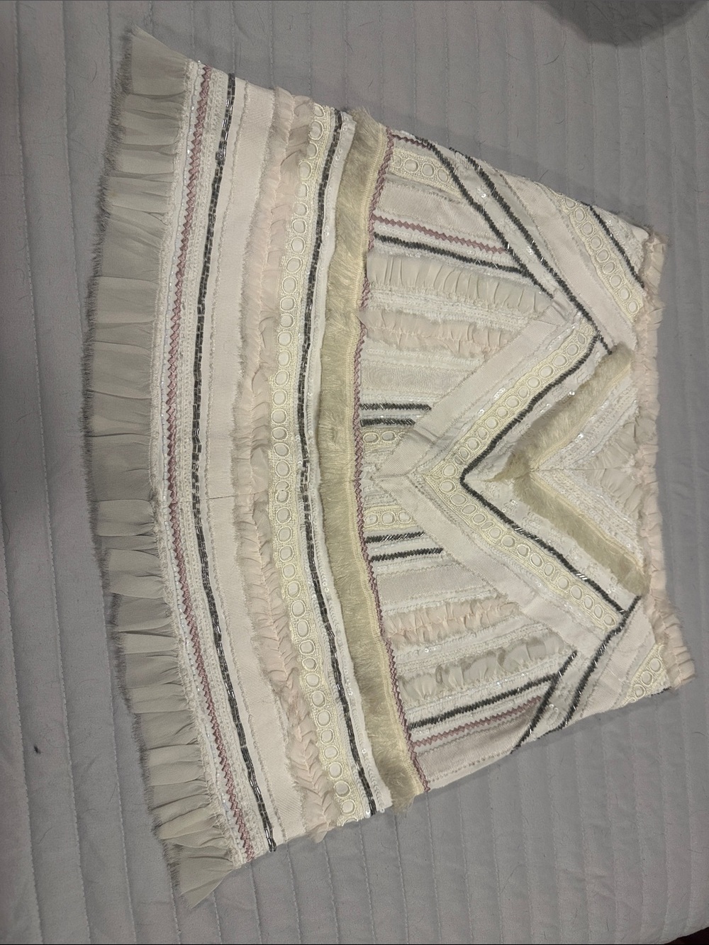 Club Monaco Cream and Black Fringe-Trim Mini Skirt